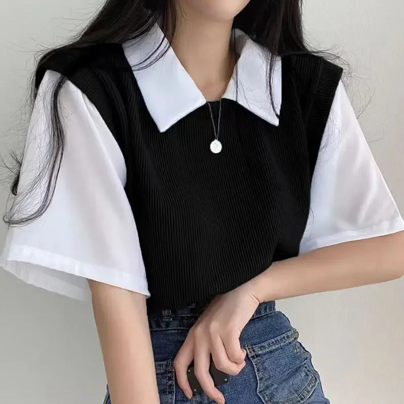 Color Block Polo Collar Top for Women - Casual Chiffon Tee
