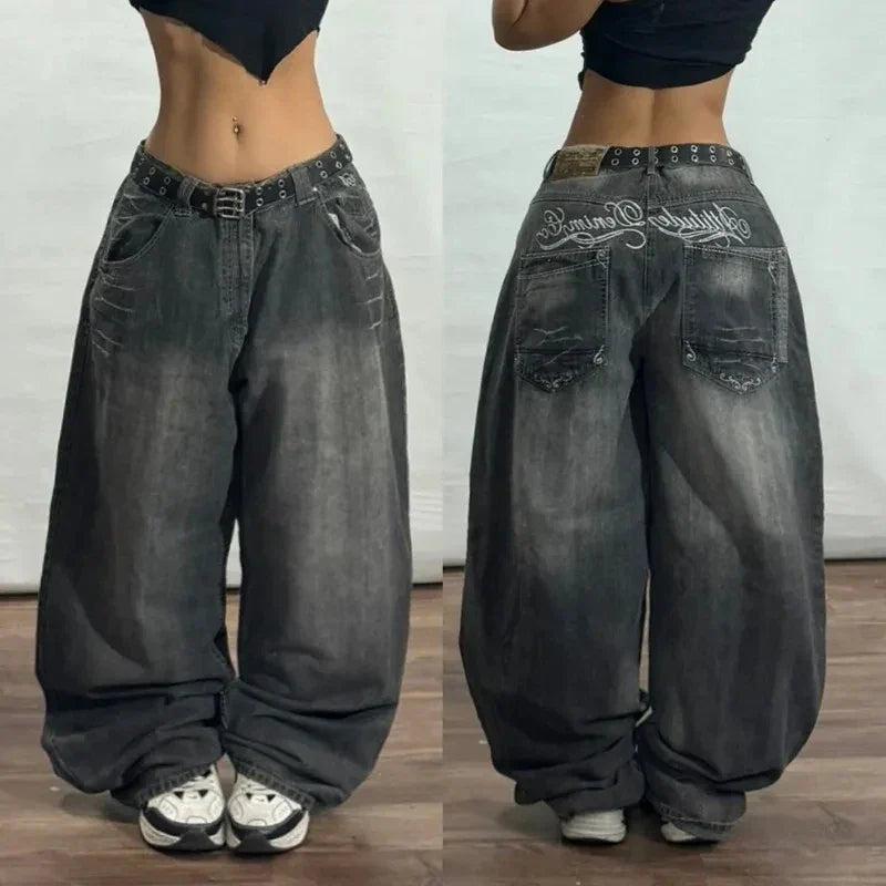 Geometric Pattern Embroidered Wide-leg Jeans for Women