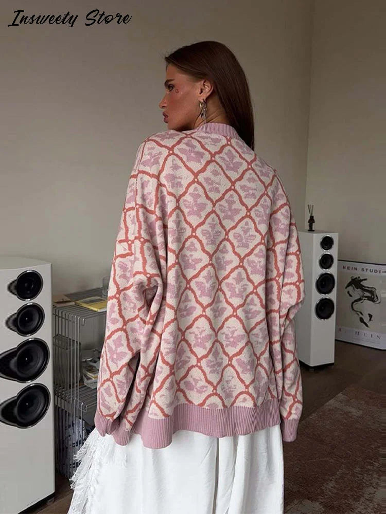 Oversized Letter Jacquard Knit Pullover for Women