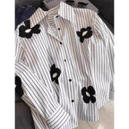 White Striped Long Sleeve Blouse for Office Women