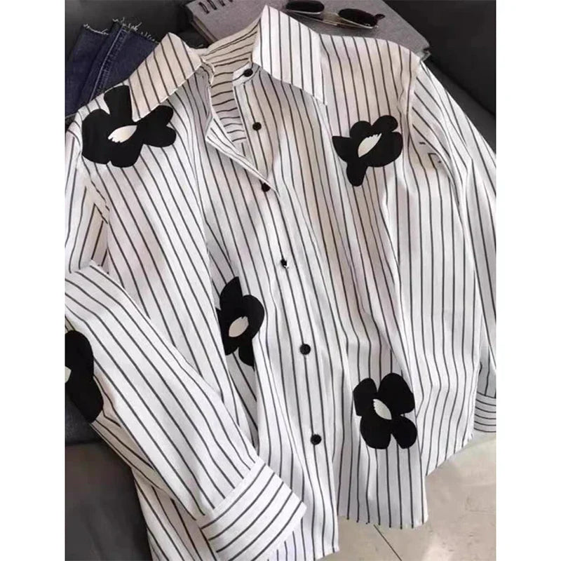 White Striped Long Sleeve Blouse for Office Women