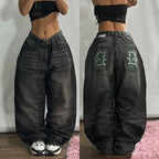 Geometric Pattern Embroidered Wide-leg Jeans for Women