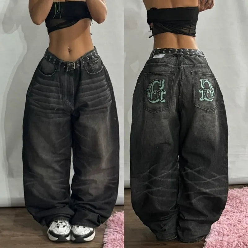 Geometric Pattern Embroidered Wide-leg Jeans for Women