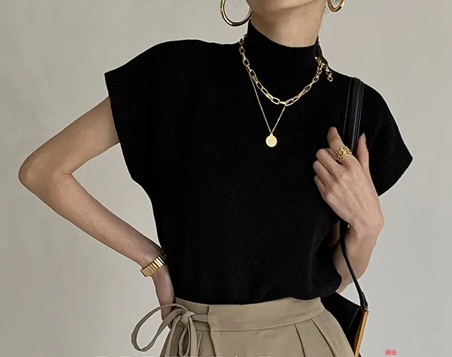Mock Neck Solid Knit Vest for Office Ladies