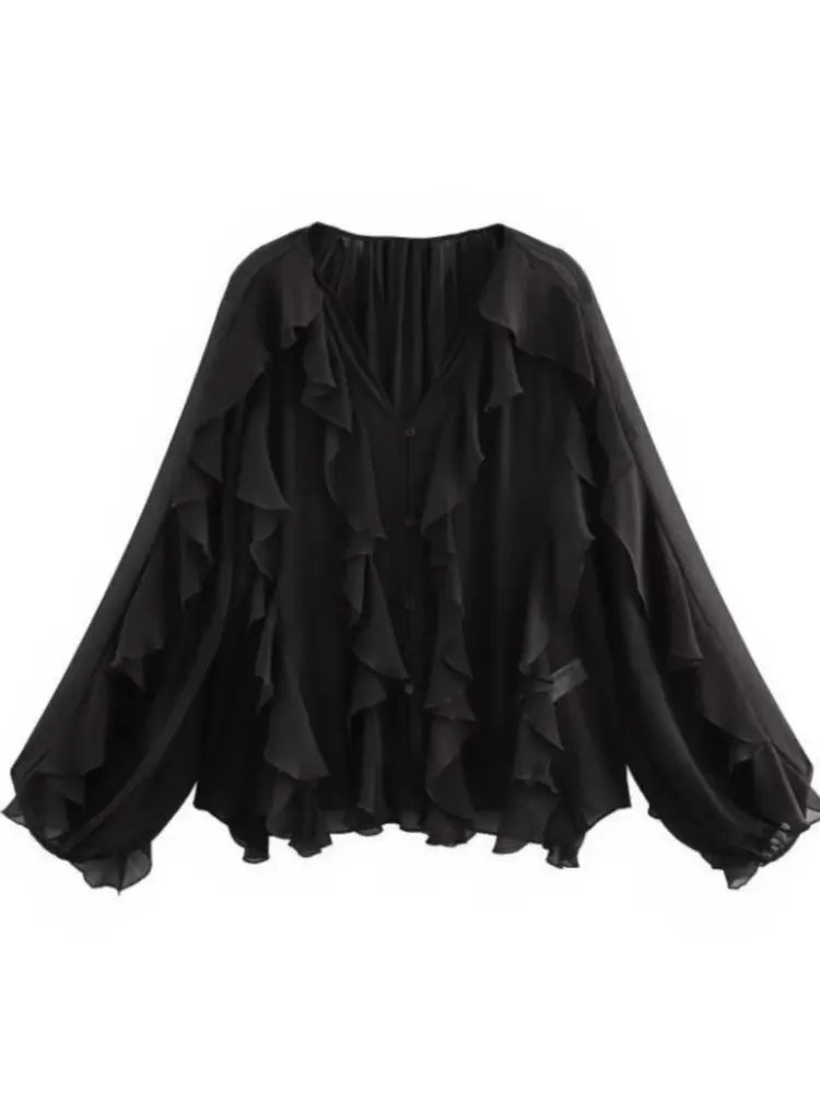 Elegant Women's V-neck Chiffon Blouse with Ruffles