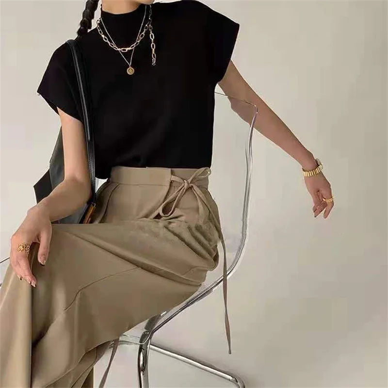 Solid Knitted Vest Shirt for Women - Elegant Casual Top
