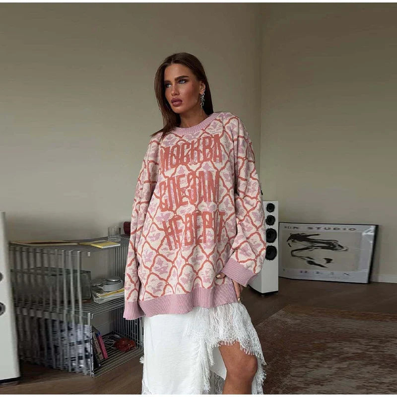 Oversized Letter Jacquard Knit Pullover for Women