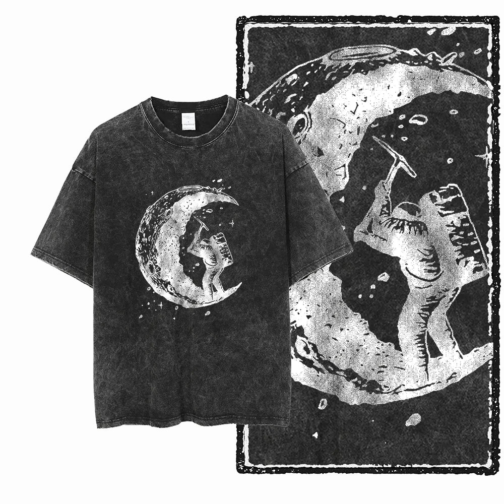 Printed Cotton Acid Washed Astronaut T-Shirt for Men